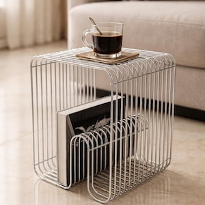 Könnte beinhalten: Moderner Beistelltisch aus silberfarbenem Metall mit quadratischem Käfigdesign. Eine Kaffeetasse mit Löffel steht auf einem kleinen Holzuntersetzer. Der Tisch hat ein eingebautes Bücherregal.
