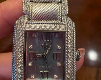 Vintage Judith Ripka Crystal Cable Bracelet Watch, Rectangular Case, Mother of Pearl Dial