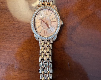 Judith Ripka Crystal Bezel Jewelry Watch, Gold Tone Bracelet Watch, Designer Wristwatch