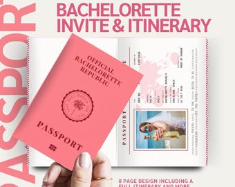 Invito e itinerario per addio al nubilato a tema passaporto, invito per addio al nubilato a tema viaggio, dettagli del viaggio di nozze e codici QR