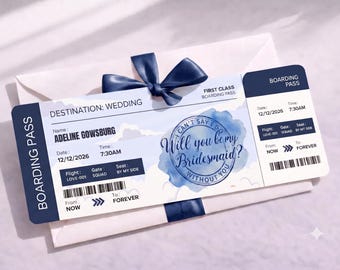Biglietto aereo blu per la proposta di damigella d'onore, "Vuoi essere la mia damigella d'onore?", tema viaggio (download digitale)
