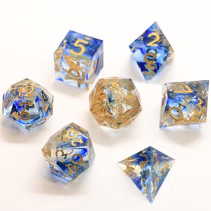 Gilded Blue Ink DND Dice Set Gold Foil & Deep Blue Resin Dice | Sharp Edge Polyhedral Set for DnD Pathfinder | Luxury Gift for Him or Her