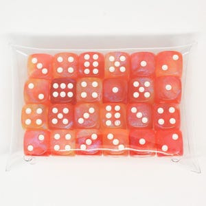 May include: A collection of twenty-five translucent orange and red dice with white pips, contained within a clear plastic bag. The dice are arranged in a grid, showcasing various number combinations.