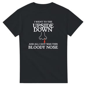 Upside Down Bloody Nose Shirt Surreal Horror Parody Tee Weirdcore Pop Culture Mashup Comic Style Nosebleed Graphic T‑Shirt