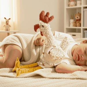 May include: A plush chicken toy with a textured white body, a red comb and wattle, and long yellow fabric legs. The toy wears a white vest with small buttons and is positioned on a soft, cream-colored textured blanket.