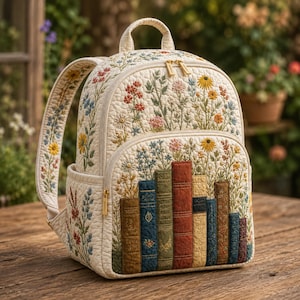 Puede incluir: Una mochila acolchada de color crema con un diseño bordado de flores silvestres coloridas y una fila de libros verticales en la base. La mochila incluye cremalleras doradas, un asa superior y correas ajustables para los hombros con flores.