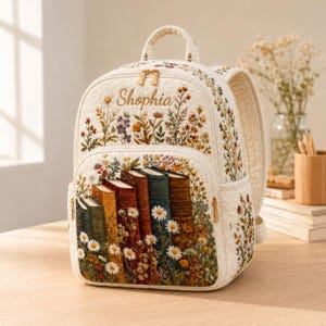 Mochila personalizada con libros y flores, mochila de viaje acolchada / Regalos para la vuelta al cole / Bolsa de viaje vintage / Regalo para niños