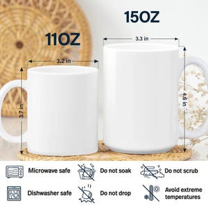 Pode incluir: S&atilde;o apresentadas duas canecas de cer&acirc;mica brancas de tamanhos diferentes. A caneca menor tem 8,1 cm de largura e 9,4 cm de altura, rotulada como 11OZ. A caneca maior tem 8,4 cm de largura e 11,7 cm de altura, rotulada como 15OZ. Os &iacute;cones indicam que as canecas s&atilde;o adequadas para micro-ondas e lava-lou&ccedil;as.