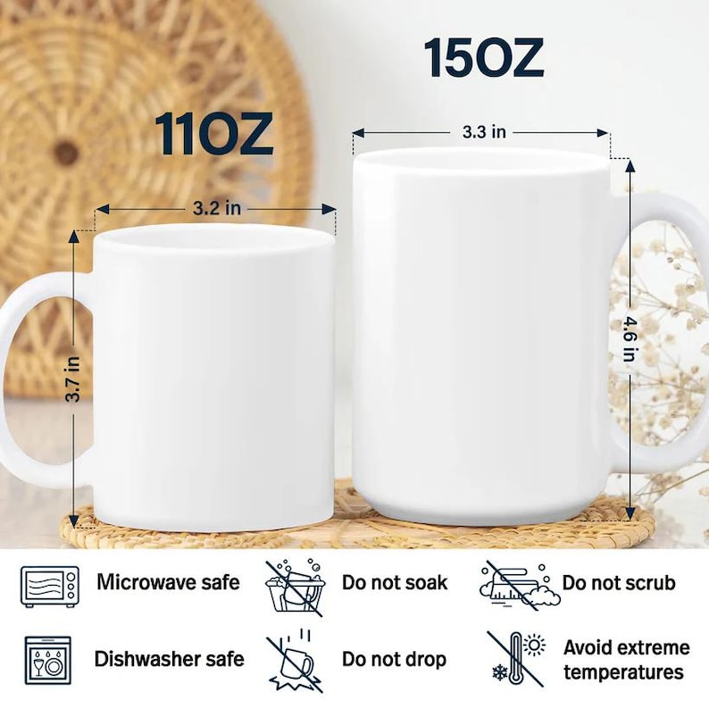 Pode incluir: S&atilde;o apresentadas duas canecas de cer&acirc;mica brancas de tamanhos diferentes. A caneca menor tem 8,1 cm de largura e 9,4 cm de altura, rotulada como 11OZ. A caneca maior tem 8,4 cm de largura e 11,7 cm de altura, rotulada como 15OZ. Os &iacute;cones indicam que as canecas s&atilde;o adequadas para micro-ondas e lava-lou&ccedil;as.