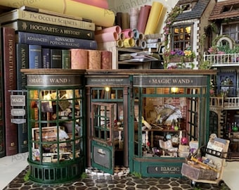Casa in miniatura fai-da-te con angolo lettura a bacchetta magica, decorazione in legno 3D per biblioteca in miniatura, kit fermalibri fantasy