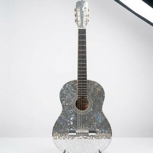 Hand-Placed Mirror Mosaic Disco Guitar Wall Decor – Statement Art Piece