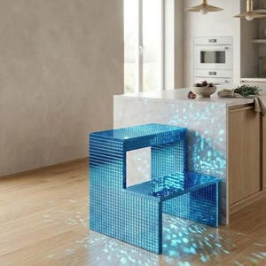 Taburete con espejo de discoteca azul hecho a mano, taburete escalonado con mosaico reflectante, muebles de lentejuelas de lujo