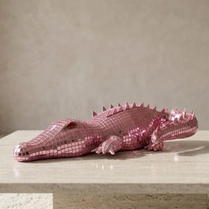 Pink Disco Crocodile Alligator Figurine, Mirrored Animal Sculpture, Funky Home Decor