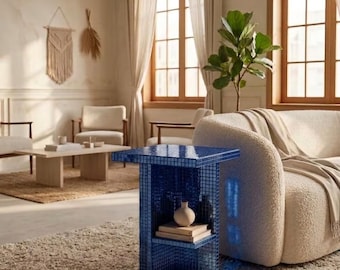 Handcrafted Blue Disco Ball Side Table, Mirrored Mosaic Bohemian Nightstand