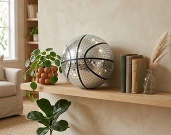 Mirror Disco Ball Basketball Sculpture, Silver Mosaic Sports Decor, Statement Piece