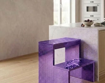 Taburete escalonado con mosaico de espejo morado – Mueble de decoración disco hecho a mano