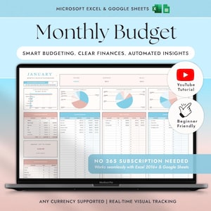 Può includere: Un cruscotto digitale per il budget mensile visualizzato sullo schermo di un portatile, con grafici, tabelle e strumenti di monitoraggio finanziario. Il testo include Monthly Budget, Smart Budgeting, Clear Finances, Automated Insights, YouTube Tutorial, Beginner Friendly e No 365 Subscription Needed.