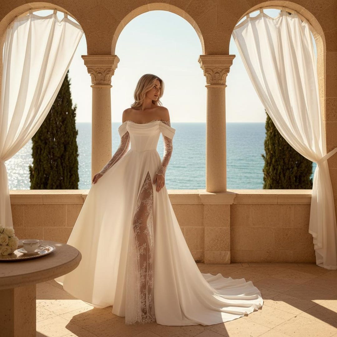 Off Shoulder White Wedding Dress Flowy Bridal Gown Elegant Maxi Dress ...