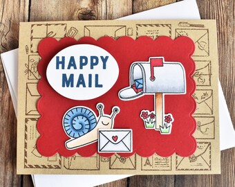 Handmade Snail Mail Card with Hand Stamped Mailbox, Letter, and Happy Mail Sentiment – Thinking of You Card for Boyfriend
