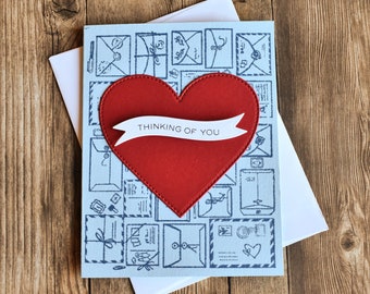 Handmade Long Distance Thinking of You Card – Hand Stamped Embossed Heart Card for Boyfriend - Best Friend Card Across the Miles