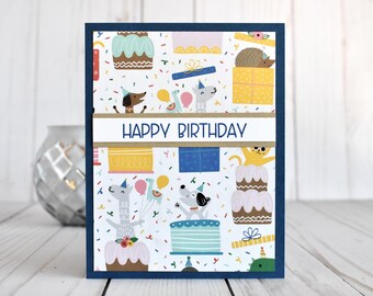 Hand Stamped Animal Birthday Card - Whimsical Cake Design
