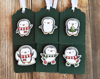 Handmade Penguin Christmas Gift Tags – Linen Paper, Set of 6