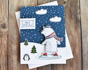Handmade Polar Bear Christmas Card – 3D Ice Skating Holiday Card