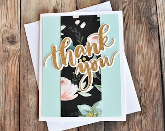 Gold Glitter Floral Handmade Die Cut Thank You Cards - Handmade Stationary - Gratitude Note Cards