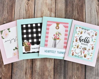 Handmade Mint & Pink Note Card Set – Hello, Thank You, Blank