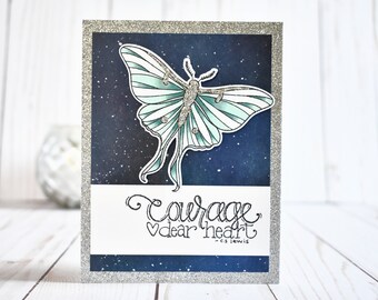 Hand Stamped, Die Cut, Copic Colored Butterfly Card – Courage Card, Galaxy Sky, Silver Sparkle