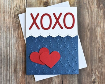 Embossed XOXO Valentine's Day Card - Navy Blue & Red Hearts Anniversary Greeting Card