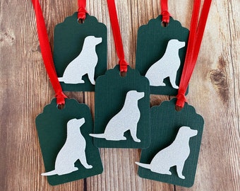 5 White Glitter Dog Christmas Gift Tags - Traditional Handmade Lab Gift Tags - Paper Holiday Tags with Ribbon - Rustic Christmas Gift Wrap