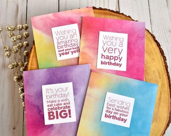 Hand Stamped Watercolor Birthday Cards - Handmade Greeting Card Set of 4