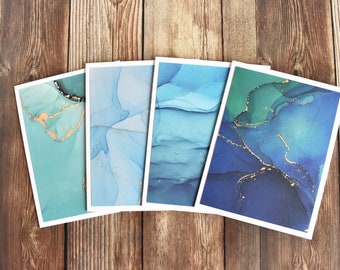 Handmade Gold Marbled Ink Drop Cards - Set of 4 Blank Teal & Blue Stationary