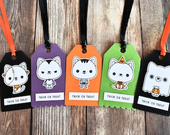 5 Handmade Halloween Gift Tags - Halloween Treat Bag Tags for Kids - Trick or Treat Favor Tags - Cat Halloween Gifts - Happy Halloween Decor