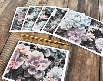 Set of 6 Handmade Succulent Note Cards - Blank Modern Plant Lover Cards - Girly Stationary for Friends - Blank Thank You Notes