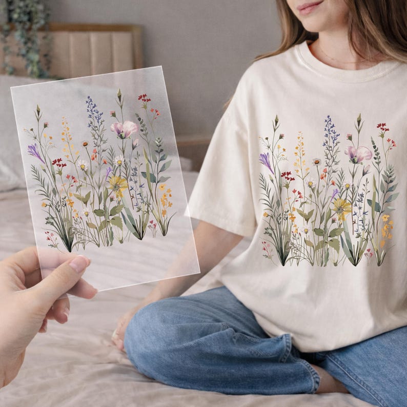 Wildflower DTF Transfer, Botanical Floral Heat Press Design, Ready to ...