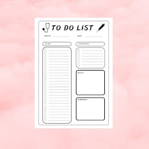 Peut inclure: Un bloc-notes blanc « To Do List » avec une icône de stéthoscope et de stylo en haut. Le bloc-notes comporte des sections pour « To Do », « Priorités », « Notes » et « Rappels ». Le fond est un lavis d'aquarelle rose clair.
