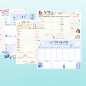 Peut inclure: Une collection de quatre feuilles de planification hebdomadaire rectangulaires en papier avec des palettes de couleurs pastel, incluant du rose, du bleu et du beige. Chaque feuille affiche le texte Weekly Planner, des colonnes quotidiennes.