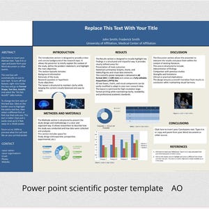 Peut inclure: Modèle de poster scientifique PowerPoint, avec un design bleu et blanc. Le poster comprend des sections pour l'abstract, l'introduction, les méthodes, les résultats, la discussion et les conclusions. La zone du titre est bleue.
