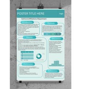 May include: A poster with a teal and white design, suspended by clips. The poster includes the text "Poster Title Here" and sections for "Introduction," "Methods," "Results," "Discussion," "Conclusion," and "References."