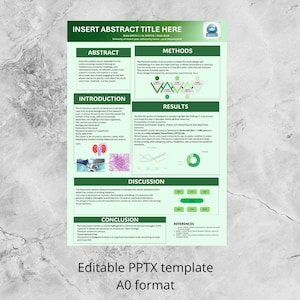 Peut inclure: Un modèle d'affiche scientifique vert clair avec le texte "INSERT ABSTRACT TITLE HERE". L'affiche comprend des sections pour l'abstract, les méthodes, les résultats, la discussion et la conclusion. Le modèle est étiqueté comme un modèle PPTX modifiable au format A0.