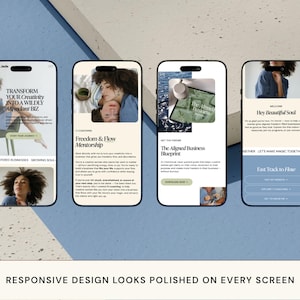May include: Four smartphones displaying a website design with the text "TRANSFORM YOUR Creativity INTO A WILDLY Abundant BIZ" and "Freedom & Flow Mentorship". The text "RESPONSIVE DESIGN LOOKS POLISHED ON EVERY SCREEN" is at the bottom.