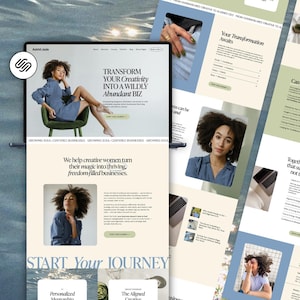 May include: A website design featuring a woman in a denim dress, with the text "TRANSFORM YOUR Creativity INTO A WILDLY Abundant BIZ." Additional pages showcase website content with images and text, promoting business services.