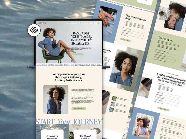 May include: A website design featuring a woman in a denim dress, with the text "TRANSFORM YOUR Creativity INTO A WILDLY Abundant BIZ." Additional pages showcase website content with images and text, promoting business services.