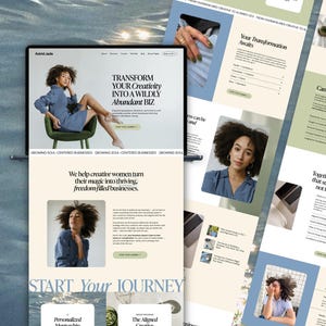 May include: A digital display showing a website for Astrid Jade with the text Transform Your Creativity Into A Wildly Abundant Biz. The layout features photographs of a person with curly hair, light-coloured backgrounds, and green buttons.