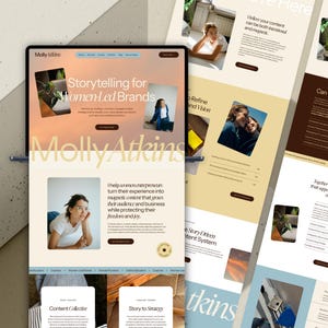 May include: A digital display showing a website interface for Molly Atkins, featuring a gradient background, serif typography, and multiple sections with photography of people, text blocks, and buttons on a light-colored, textured surface.