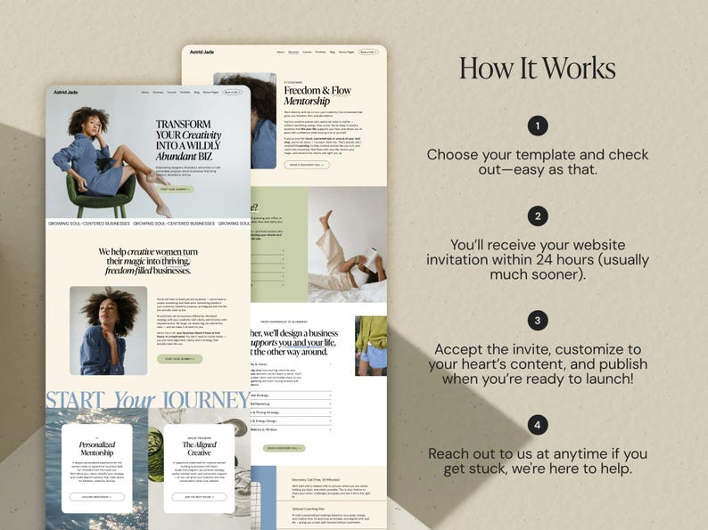 May include: Website design layout with the text "TRANSFORM YOUR Creativity INTO A WILDLY Abundant BIZ". The design includes images of a woman, and the text "How It Works" with numbered steps.