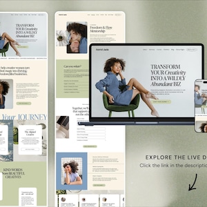 May include: A digital marketing website design displayed on a laptop, phone, and other screens. The website features the text "TRANSFORM YOUR Creativity INTO A WILDLY Abundant BIZ" and a photo of a woman in a blue dress. The website is for creative women.
