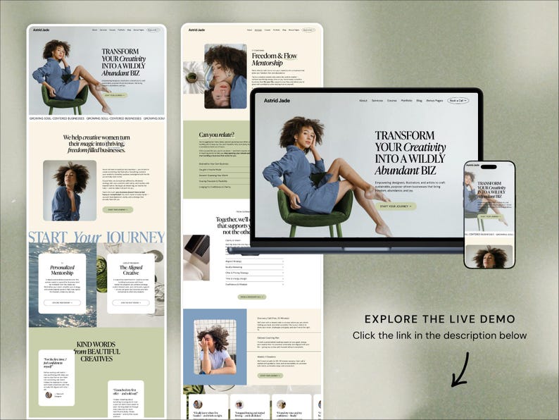 May include: A digital marketing website design displayed on a laptop, phone, and other screens. The website features the text "TRANSFORM YOUR Creativity INTO A WILDLY Abundant BIZ" and a photo of a woman in a blue dress. The website is for creative women.
